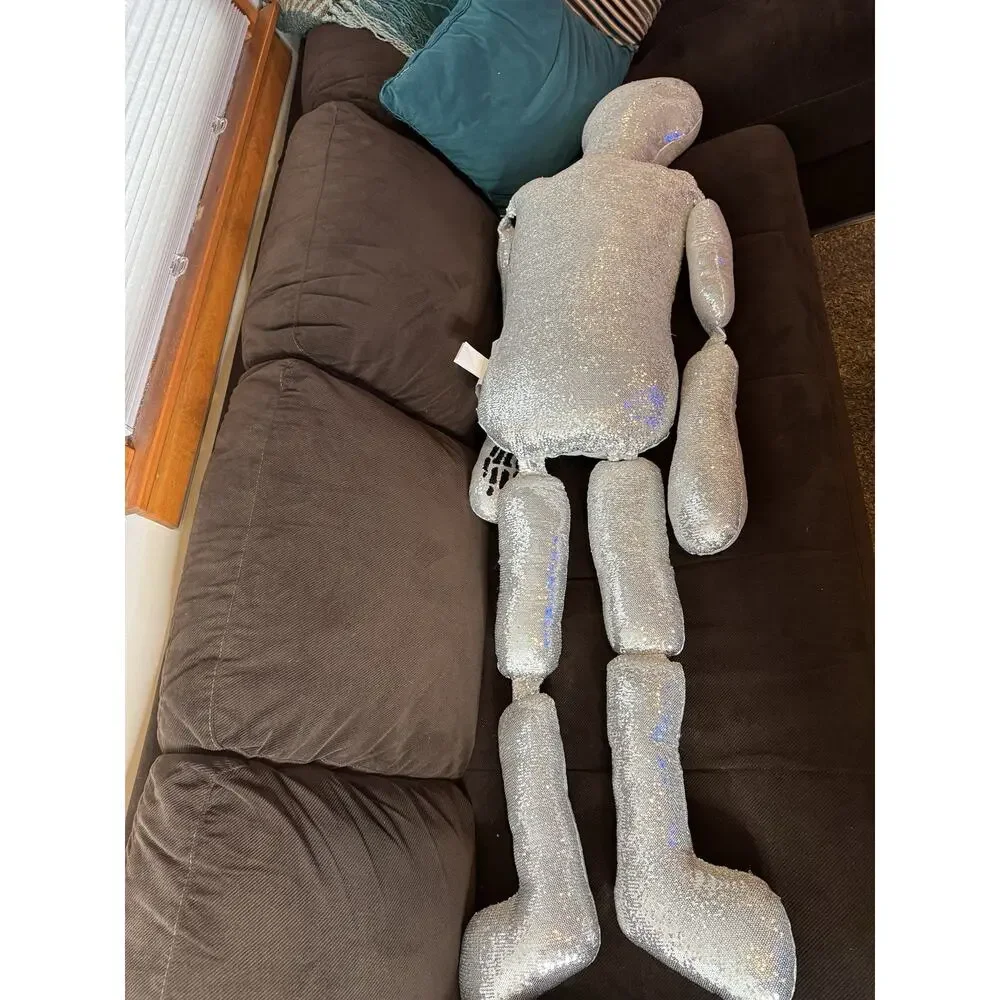 NEW!! 2025 Isaac Mizrahi 5 ft. Silver Sequin Skeleton Plush Pillow HTF Halloween